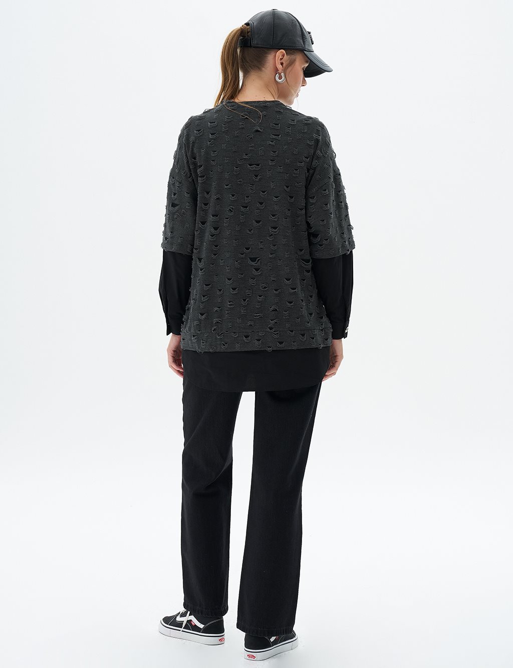 Halka Detaylı Örme Sweatshirt Siyah
