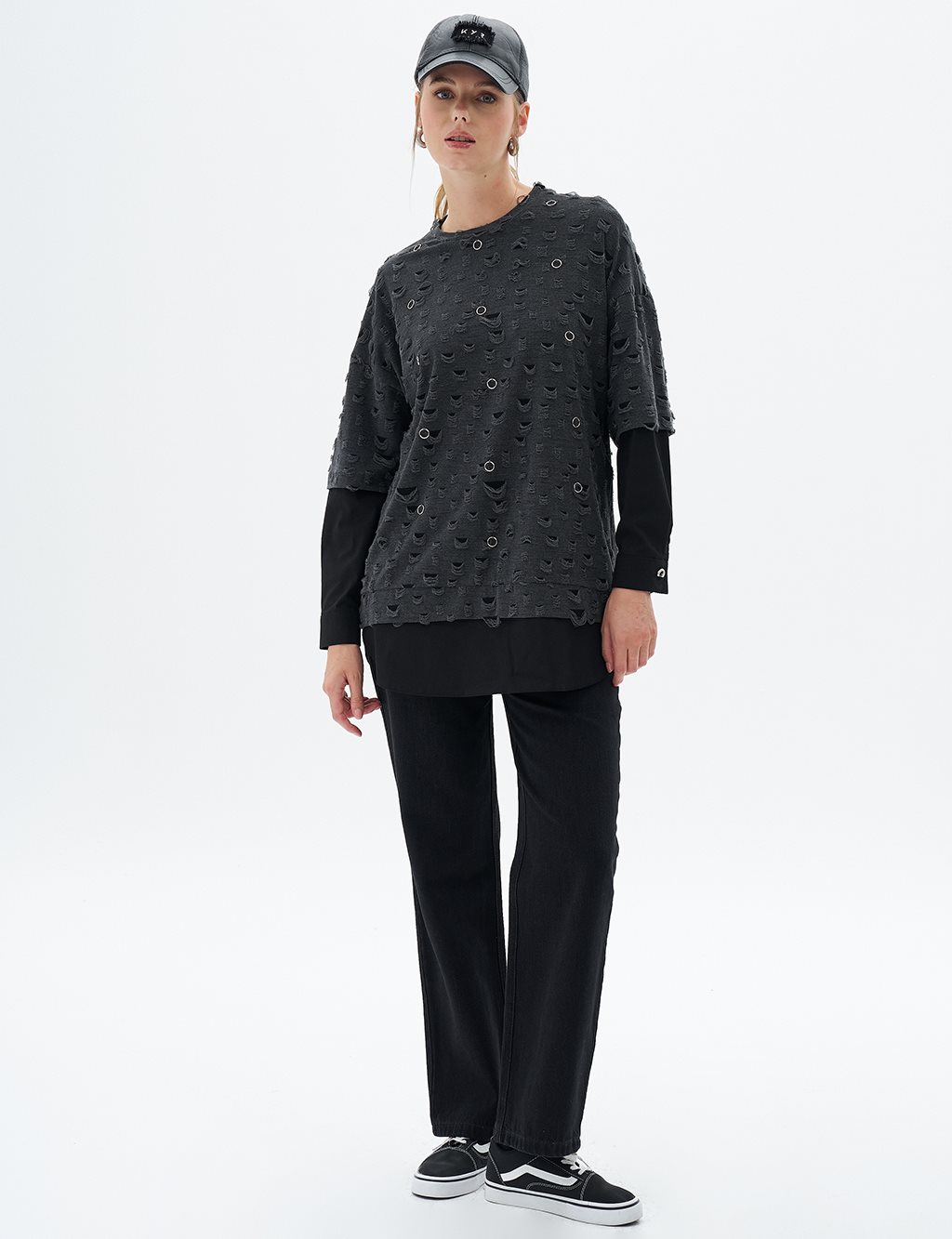 Halka Detaylı Örme Sweatshirt Siyah