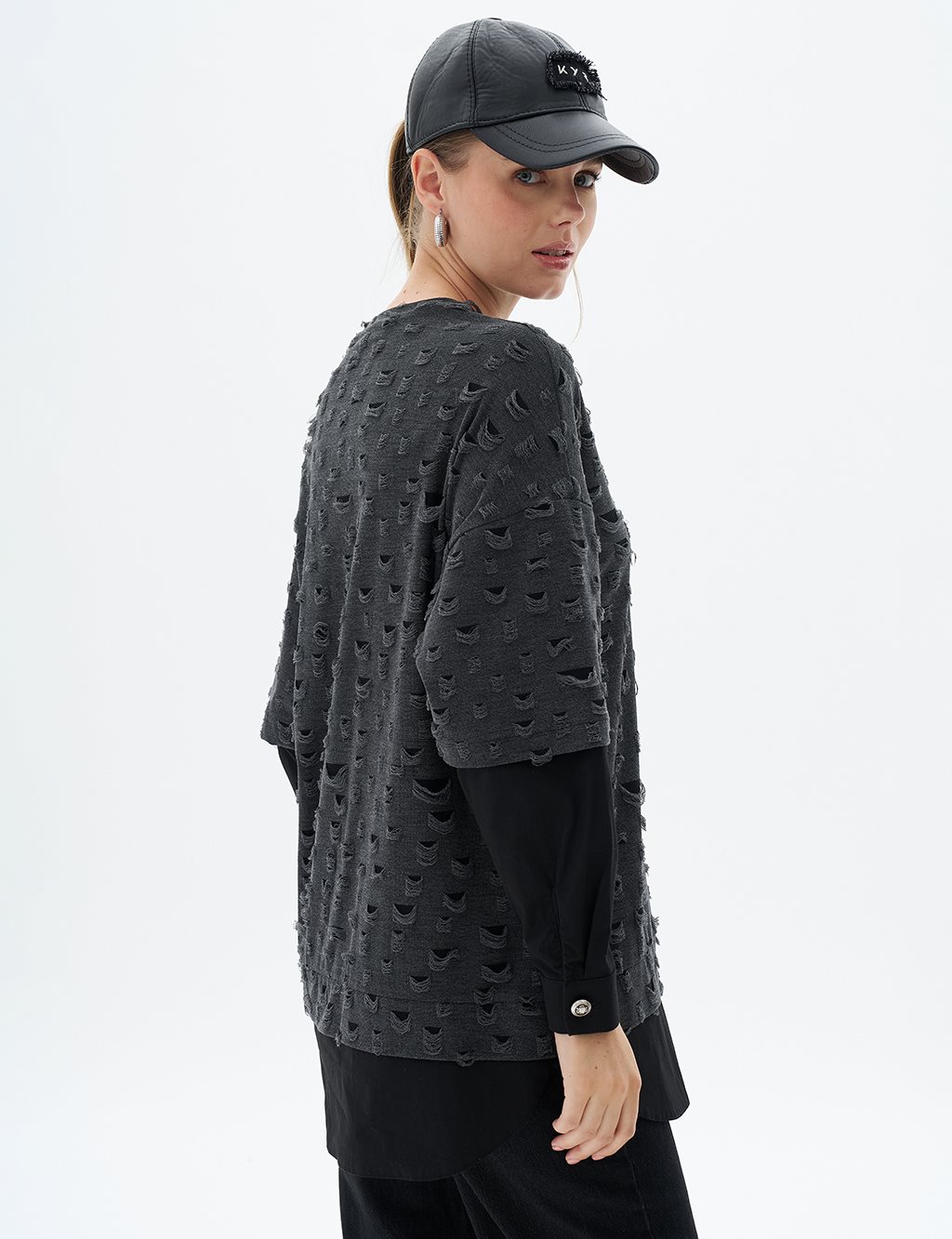 Halka Detaylı Örme Sweatshirt Siyah