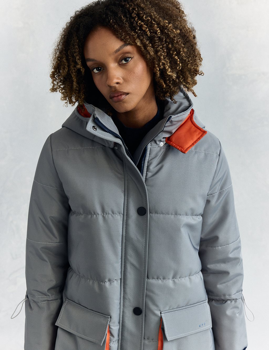 Fabric Garnished Quilted Anorak Coat Dirty Blue