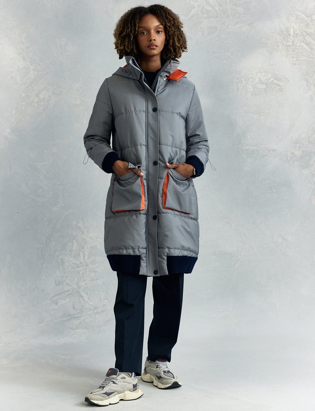 Fabric Garnished Quilted Anorak Coat Dirty Blue