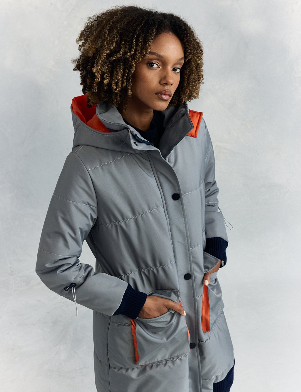 Fabric Garnished Quilted Anorak Coat Dirty Blue