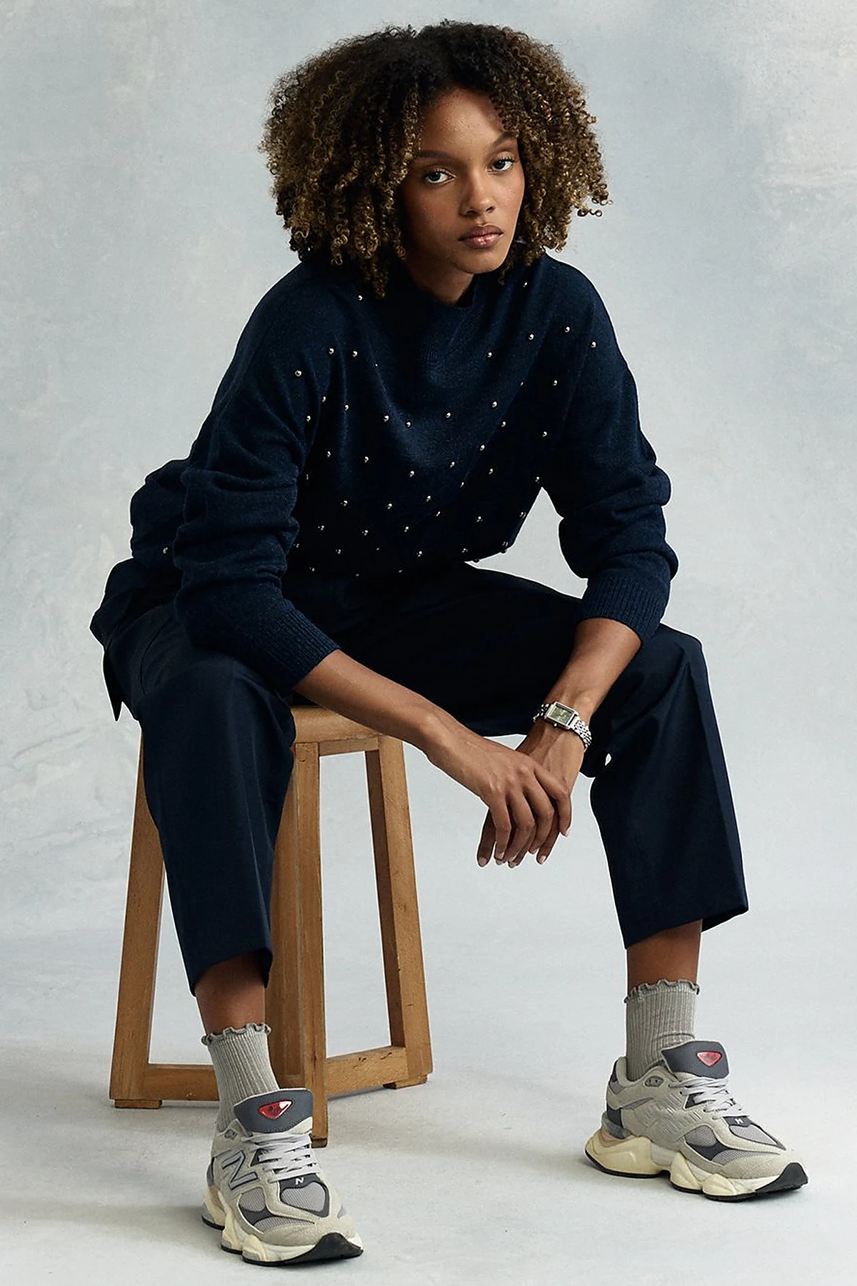 Bead Embroidered Half Turtleneck Knitwear Tunic Navy Blue