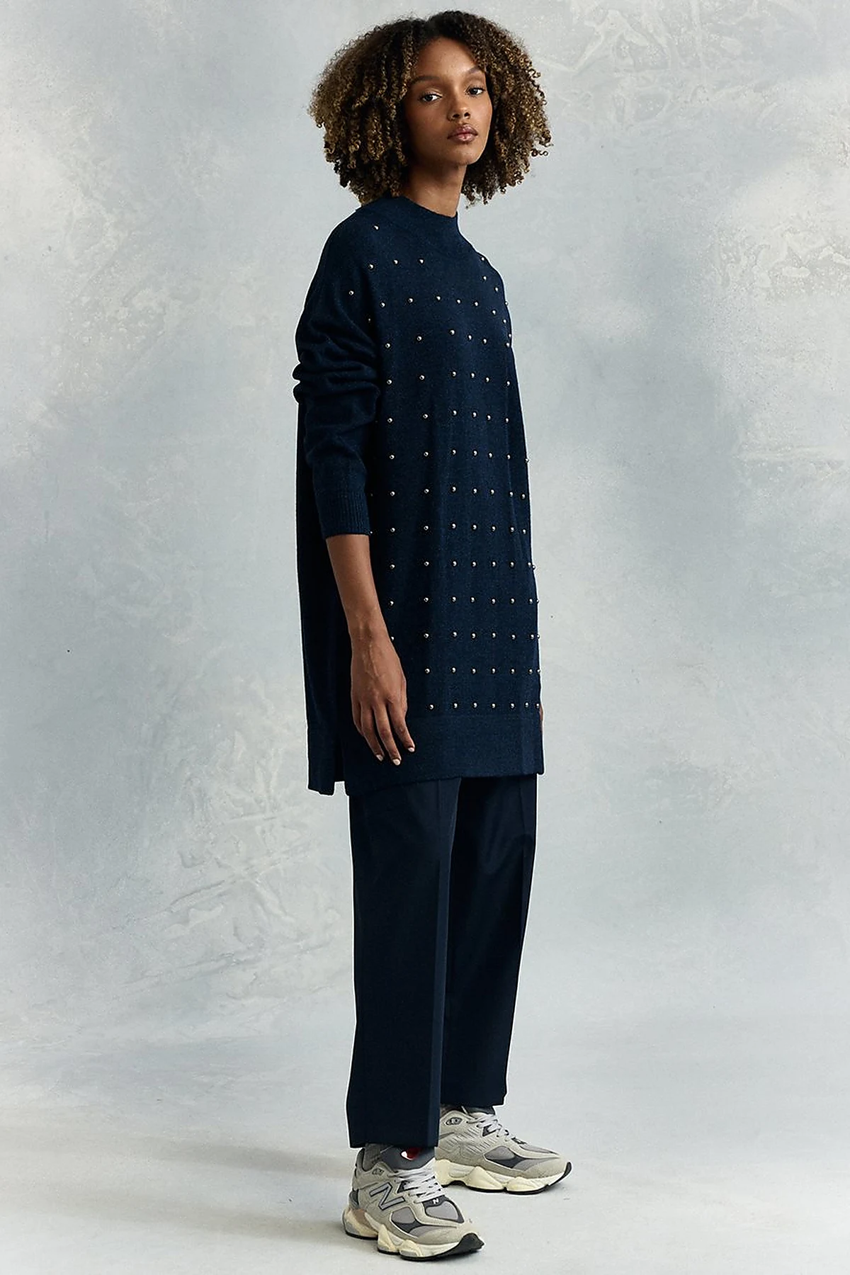 Bead Embroidered Half Turtleneck Knitwear Tunic Navy Blue