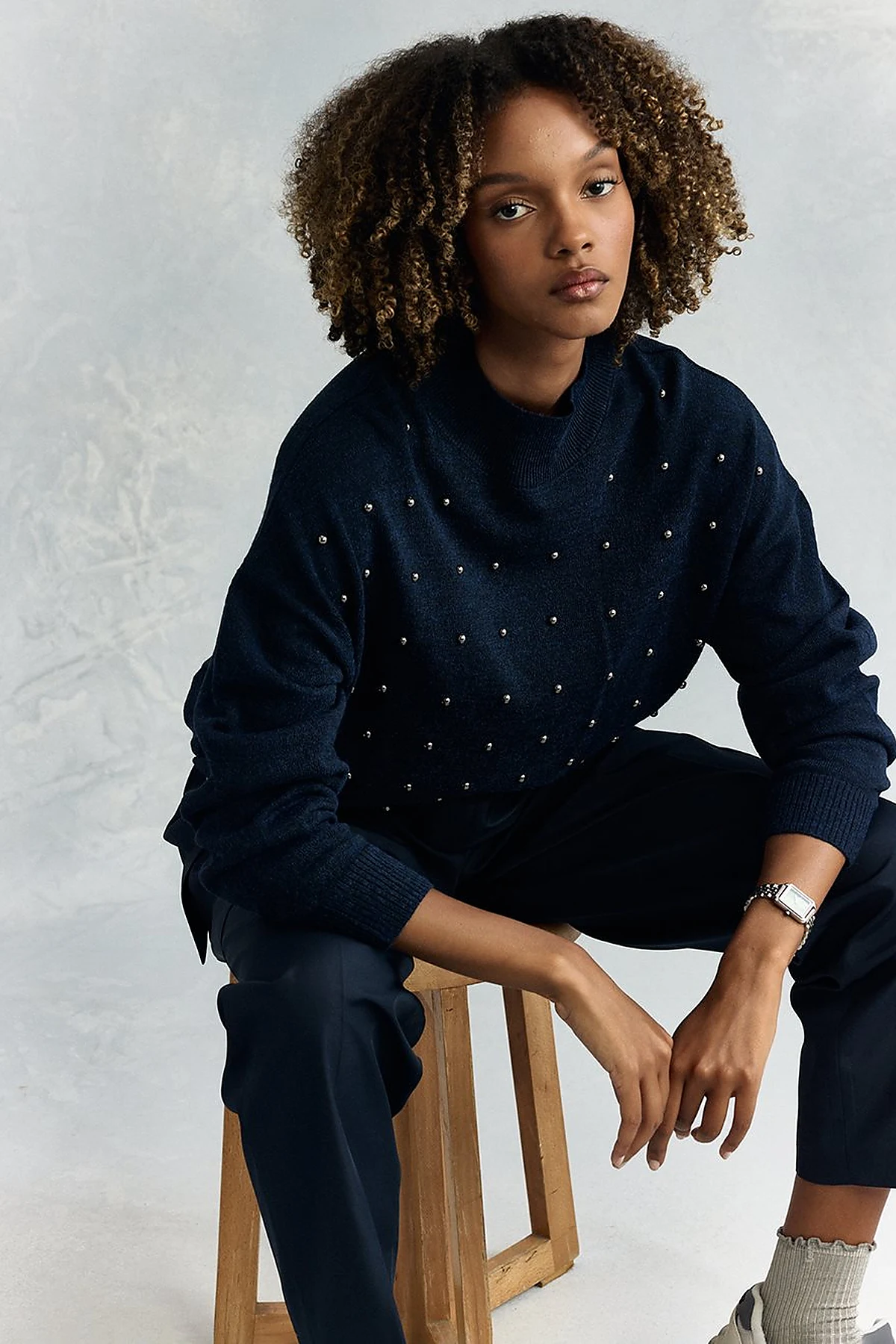 Bead Embroidered Half Turtleneck Knitwear Tunic Navy Blue