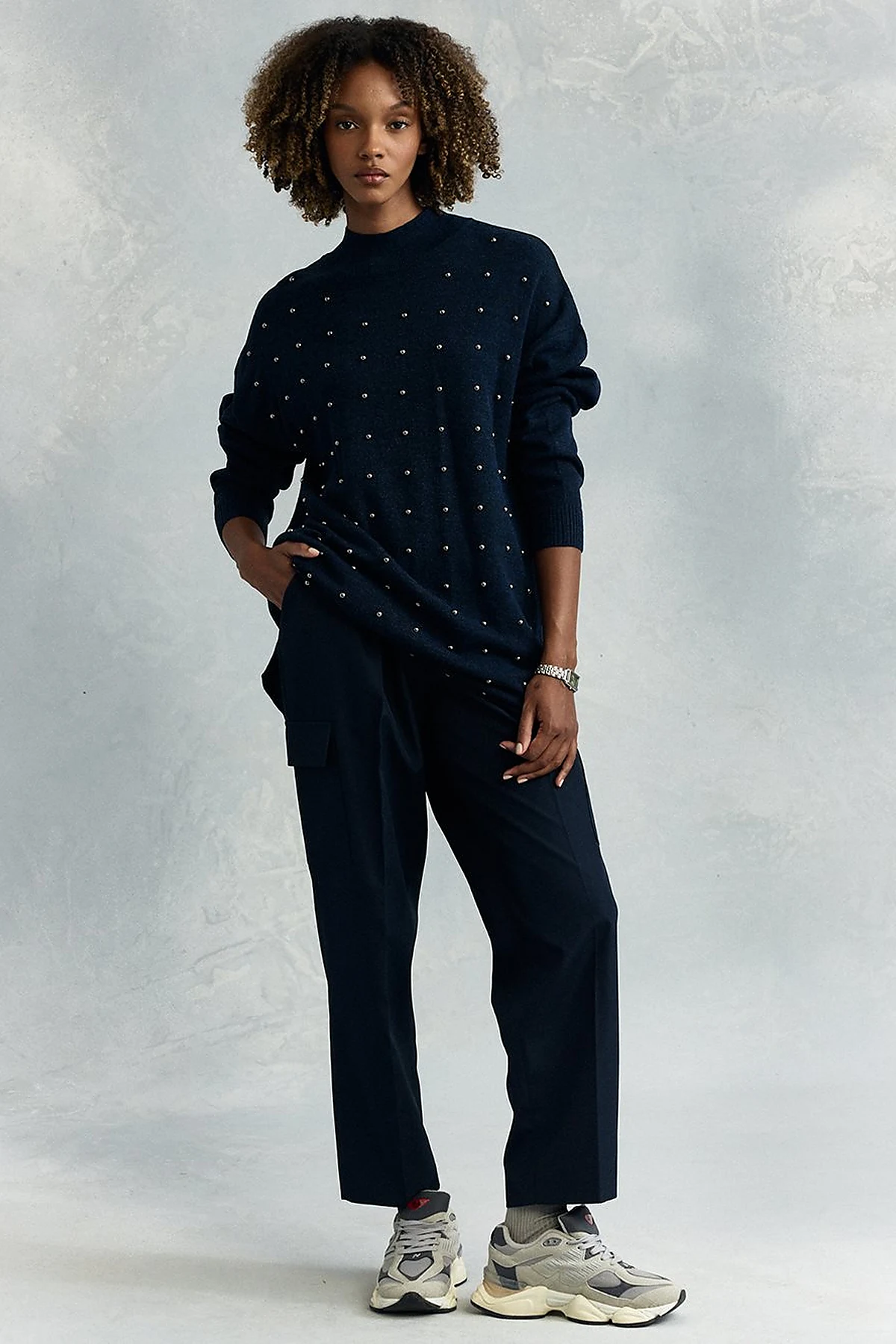 Bead Embroidered Half Turtleneck Knitwear Tunic Navy Blue