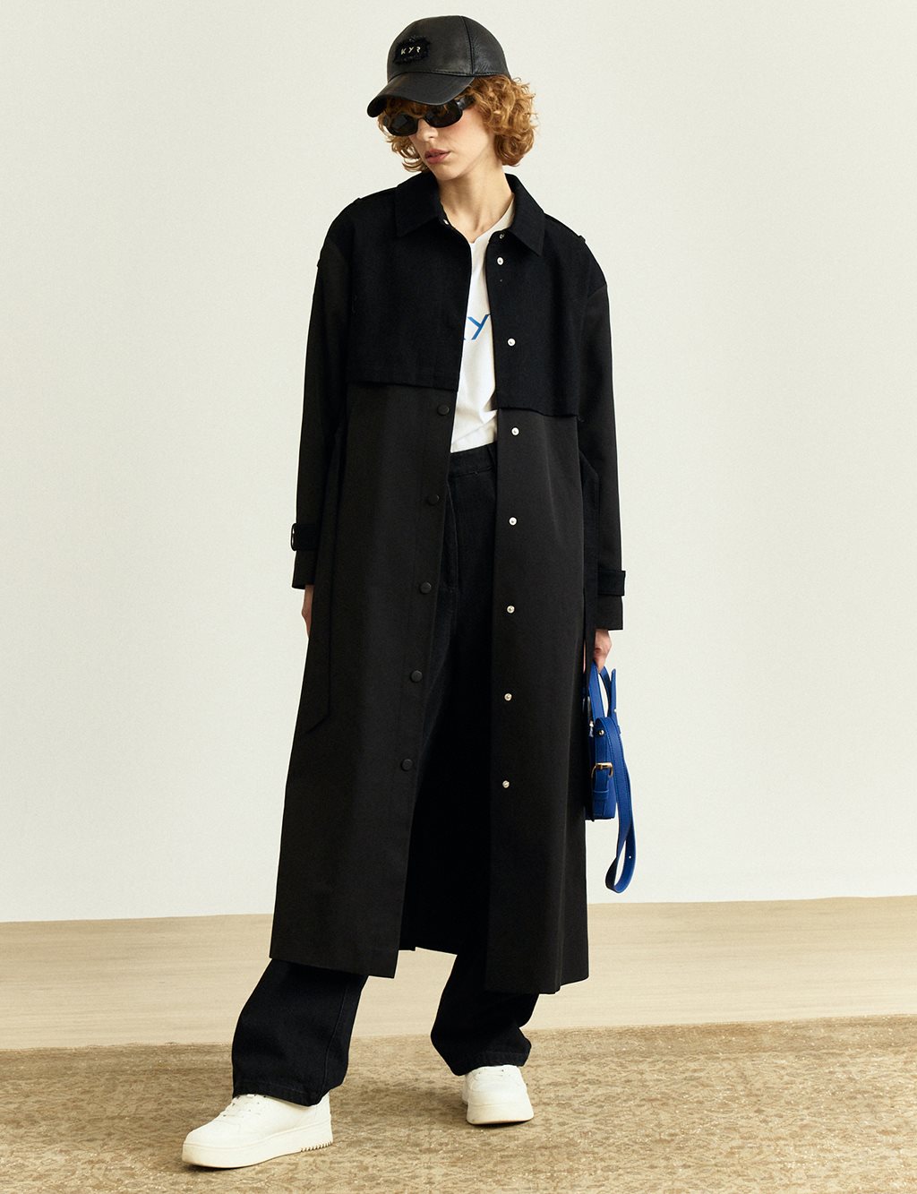 Snap Closure Denim Trimmed Coat Black