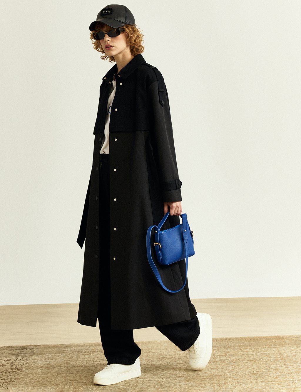 Snap Closure Denim Trimmed Coat Black