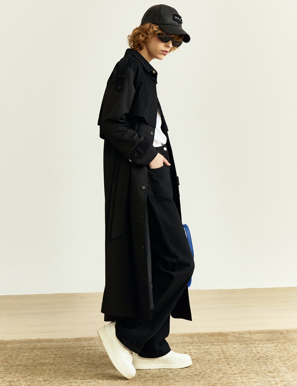 Snap Closure Denim Trimmed Coat Black