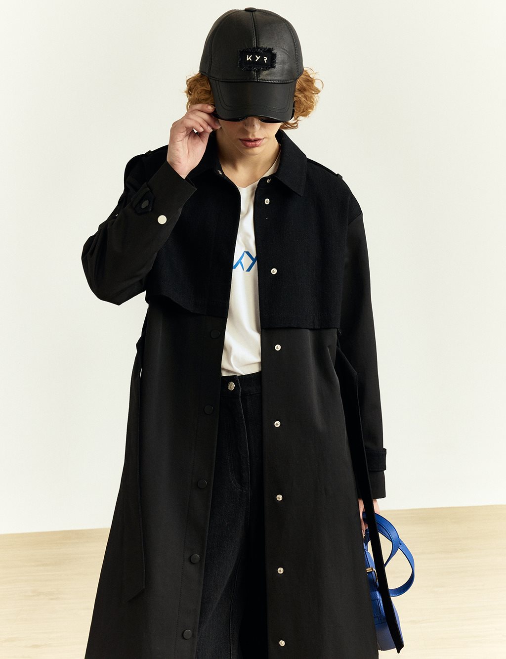 Snap Closure Denim Trimmed Coat Black