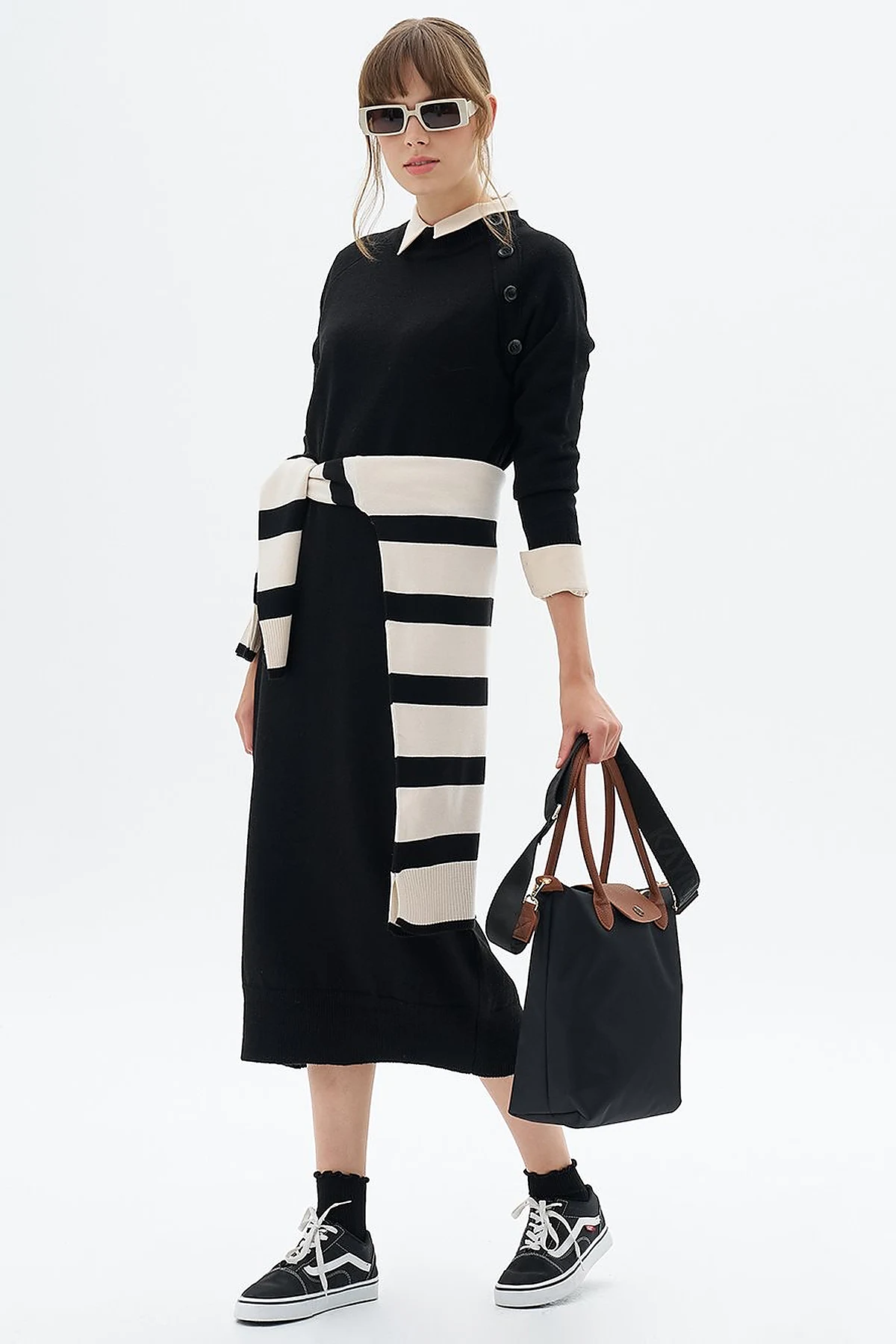 Buttoned Half Turtleneck Knitwear Dress Black