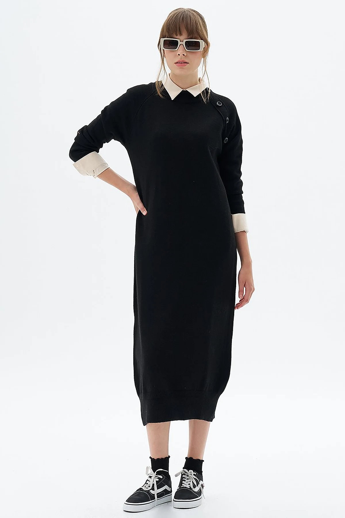 Buttoned Half Turtleneck Knitwear Dress Black