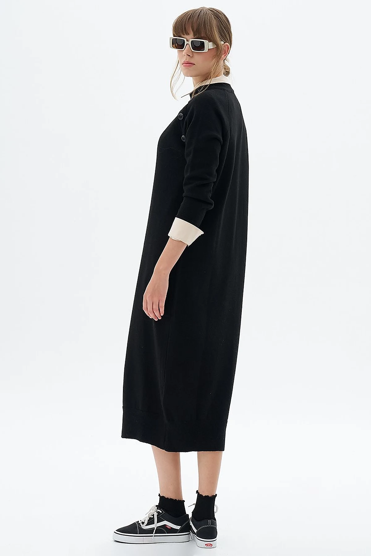 Buttoned Half Turtleneck Knitwear Dress Black