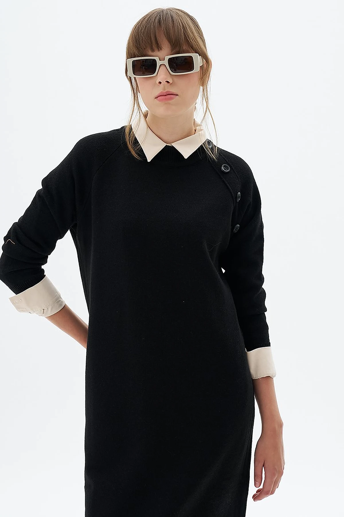 Buttoned Half Turtleneck Knitwear Dress Black