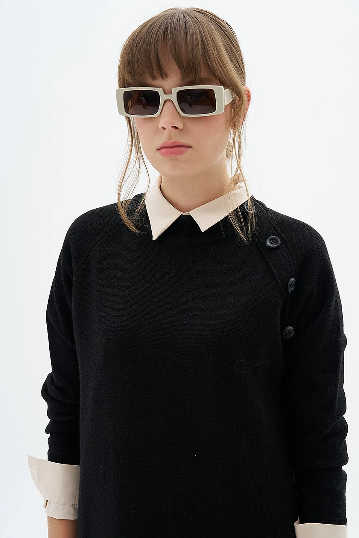 Buttoned Half Turtleneck Knitwear Dress Black