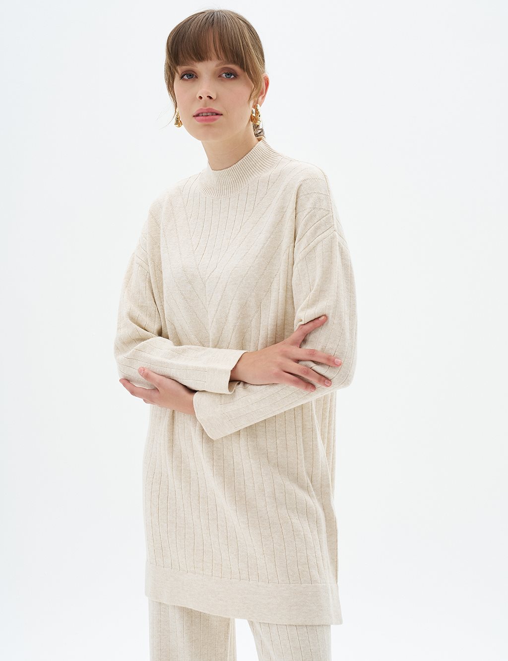 Line Pattern Knitwear Tunic Stone