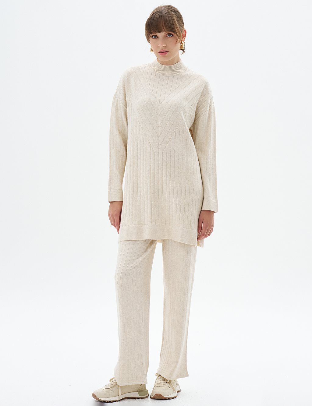 Line Pattern Knitwear Tunic Stone