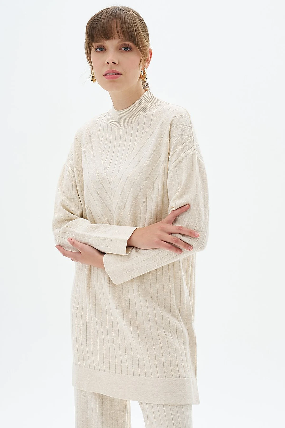 Stripe Pattern Drop Shoulder Knit Tunic Stone