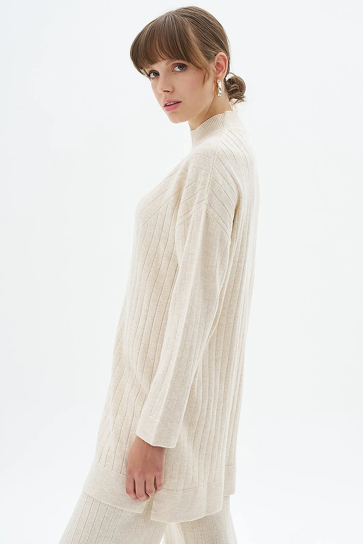 Stripe Pattern Drop Shoulder Knit Tunic Stone