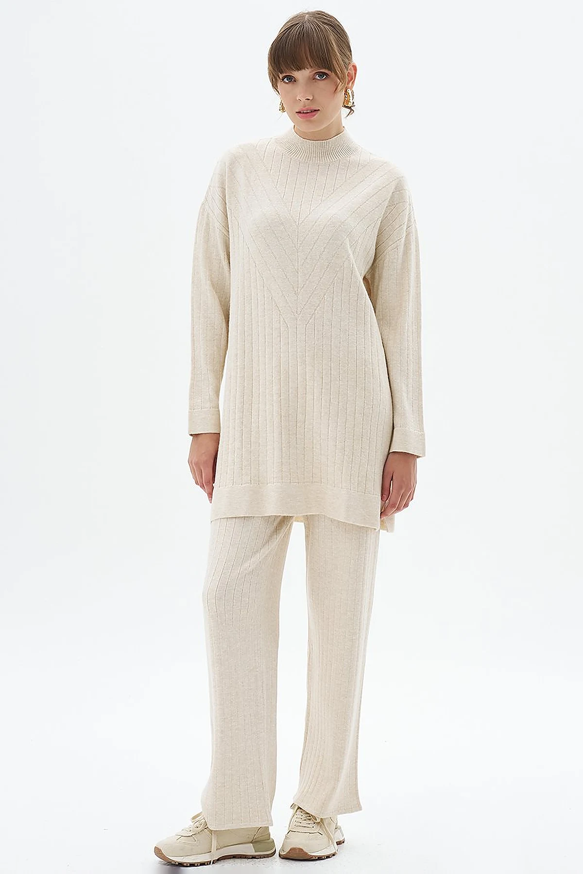 Stripe Pattern Drop Shoulder Knit Tunic Stone