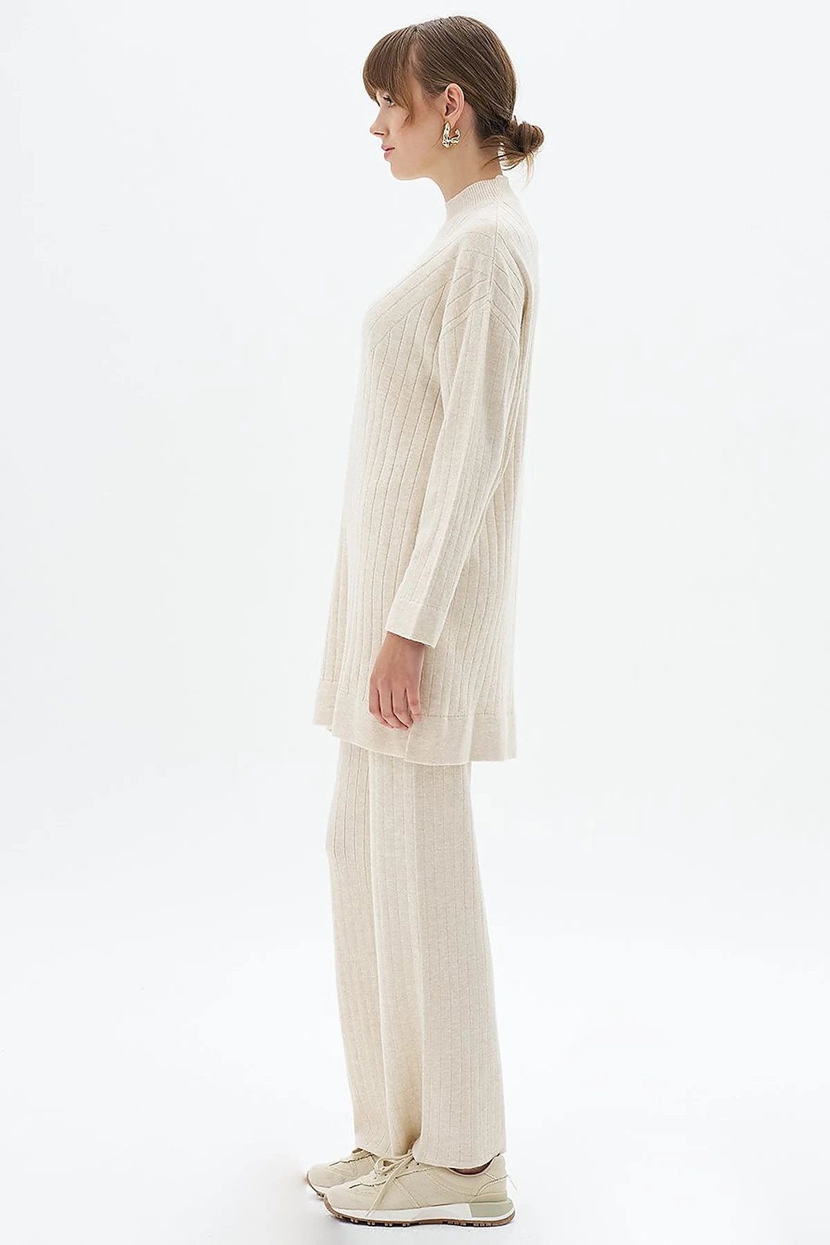 Stripe Pattern Drop Shoulder Knit Tunic Stone
