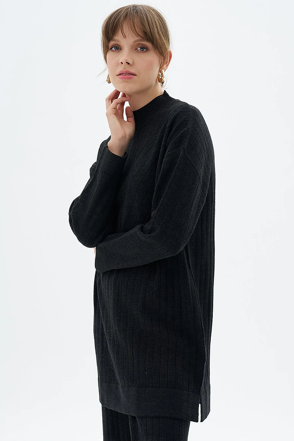 Stripe Pattern Drop Shoulder Knit Tunic Black