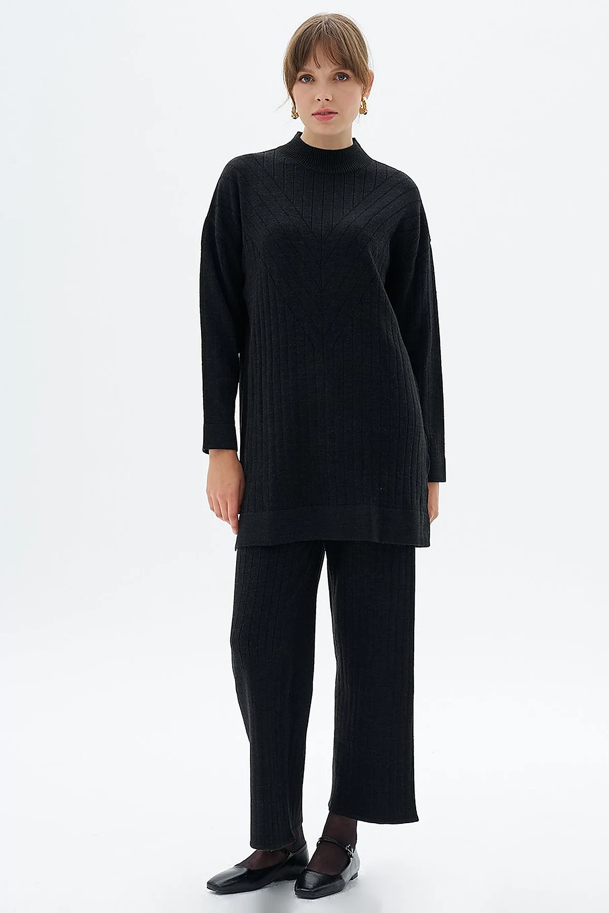 Stripe Pattern Drop Shoulder Knit Tunic Black
