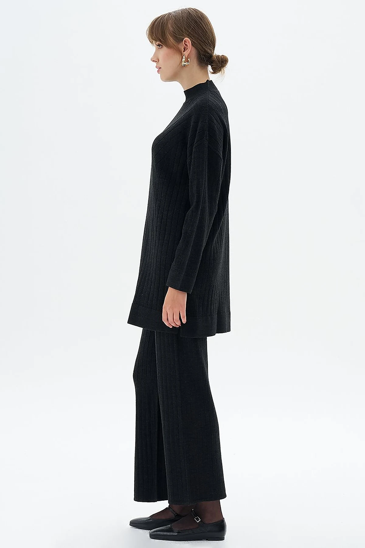 Stripe Pattern Drop Shoulder Knit Tunic Black