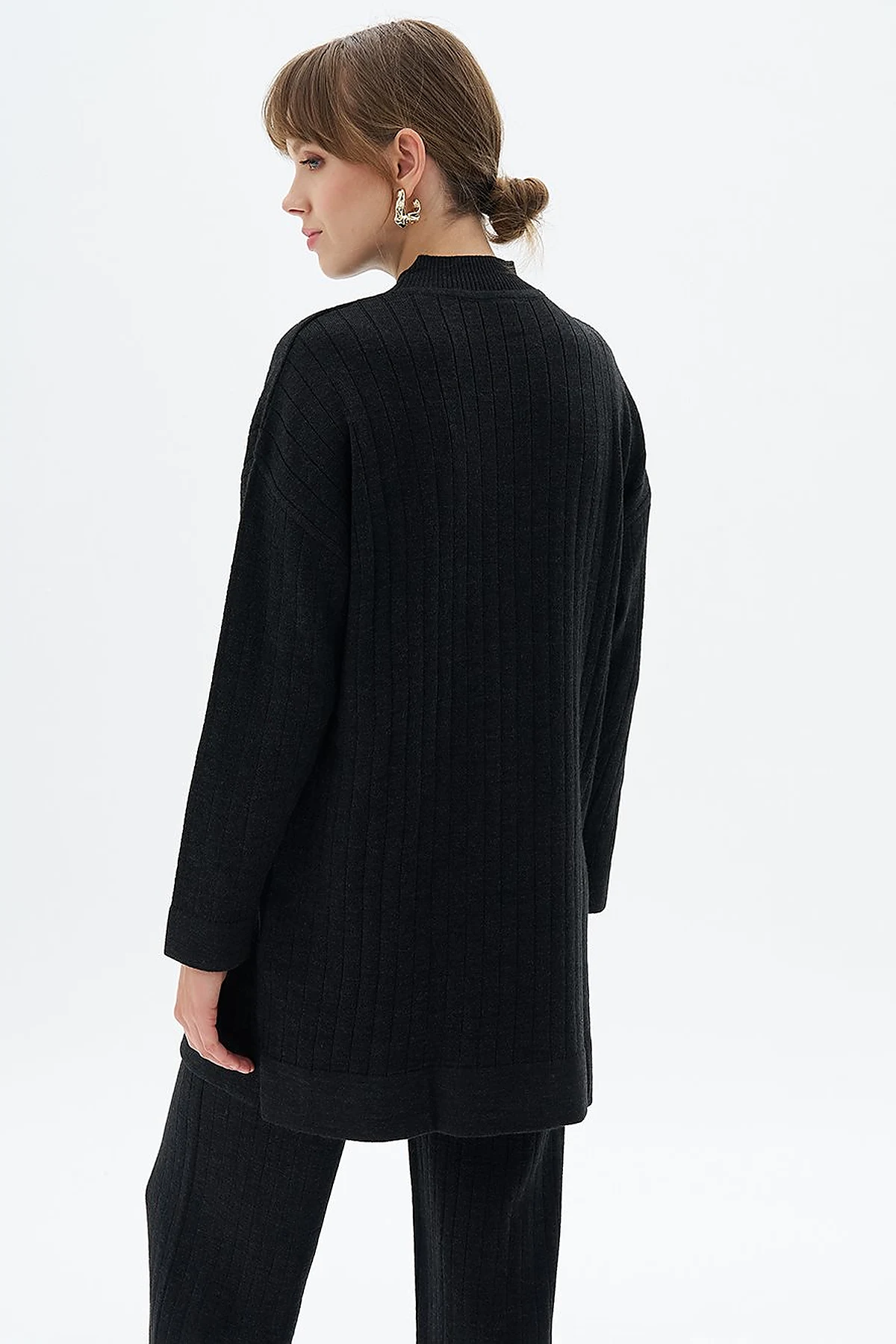 Stripe Pattern Drop Shoulder Knit Tunic Black