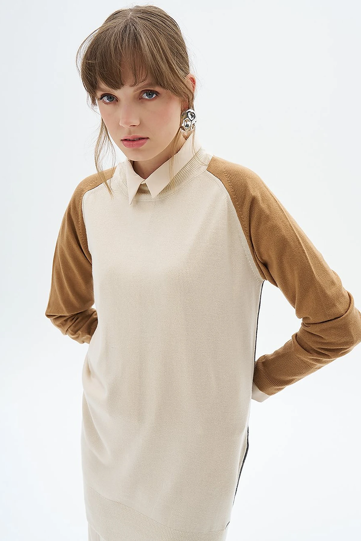 Color Blocked Knit Tunic Stone