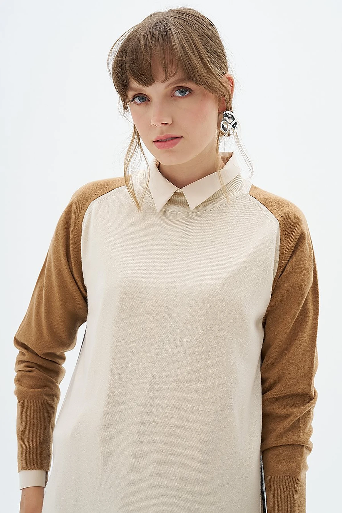 Color Blocked Knit Tunic Stone