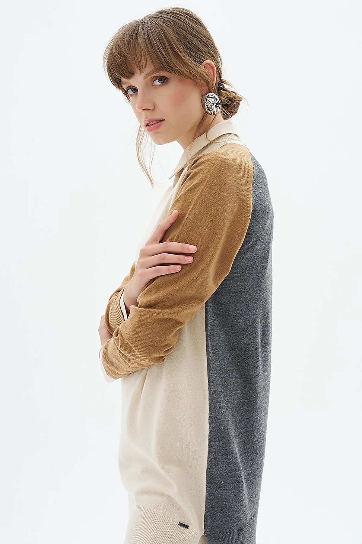 Color Blocked Knit Tunic Stone