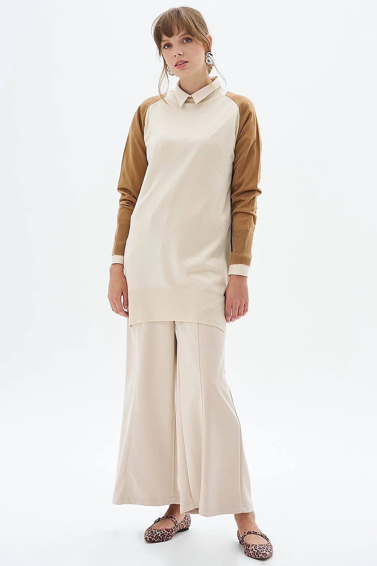 Color Blocked Knit Tunic Stone