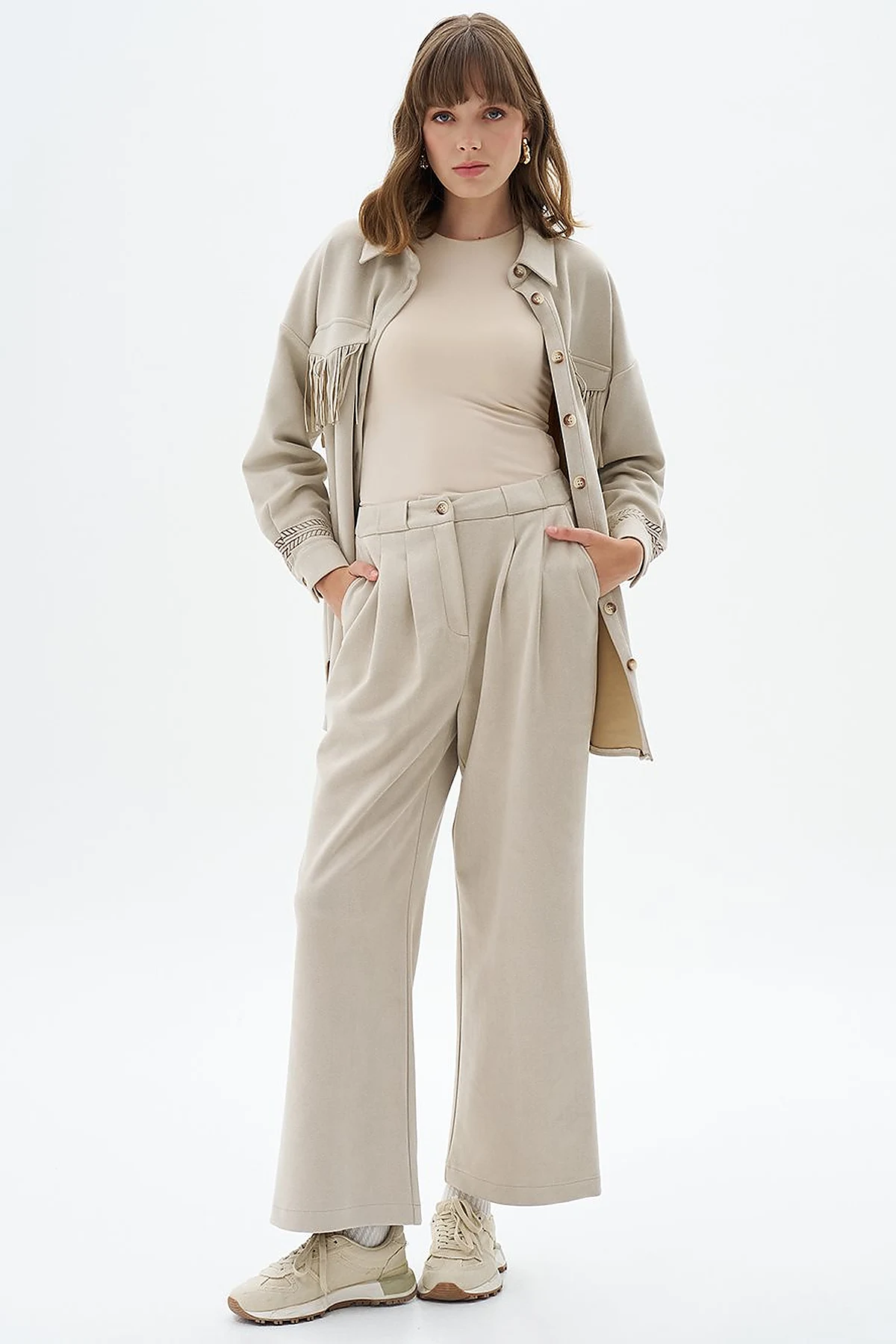 Pleated Suede Trousers Cream