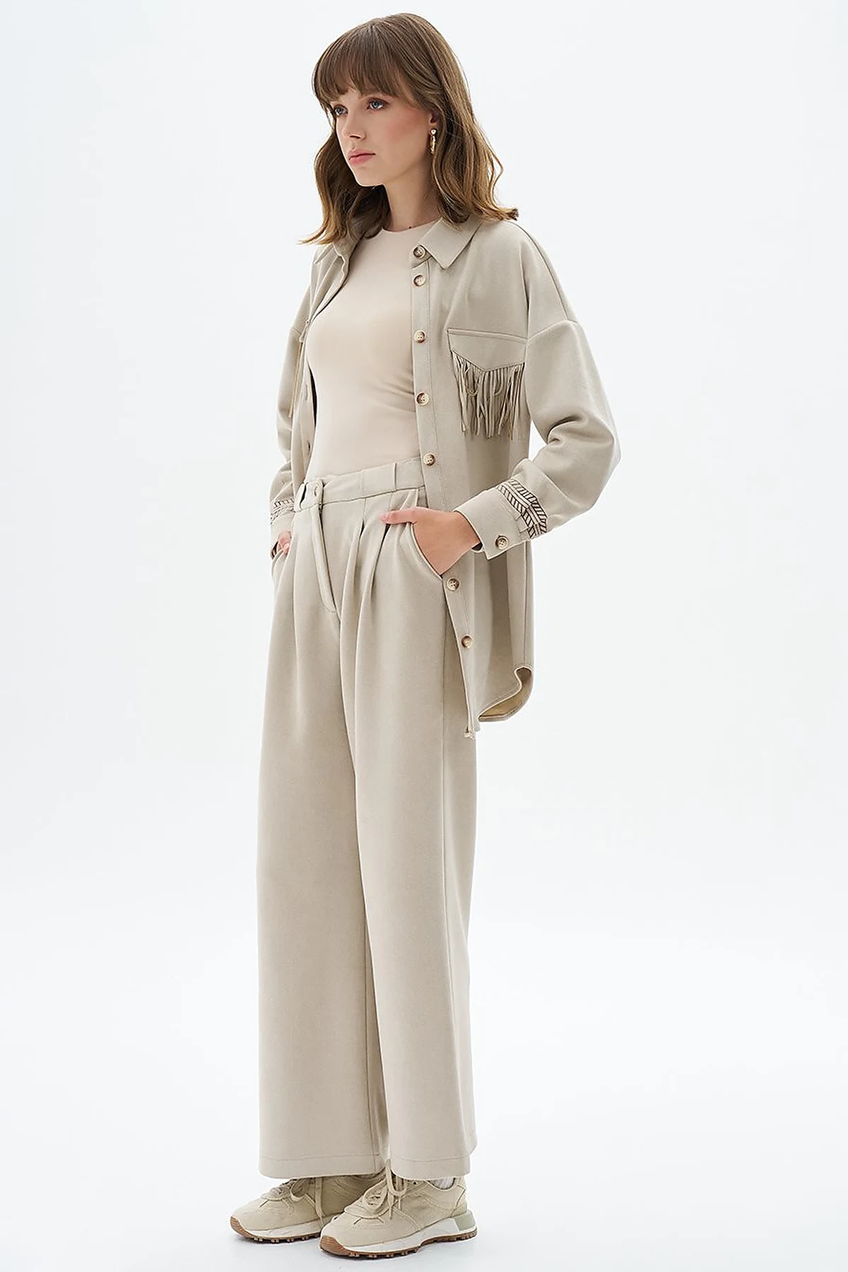 Pleated Suede Trousers Cream