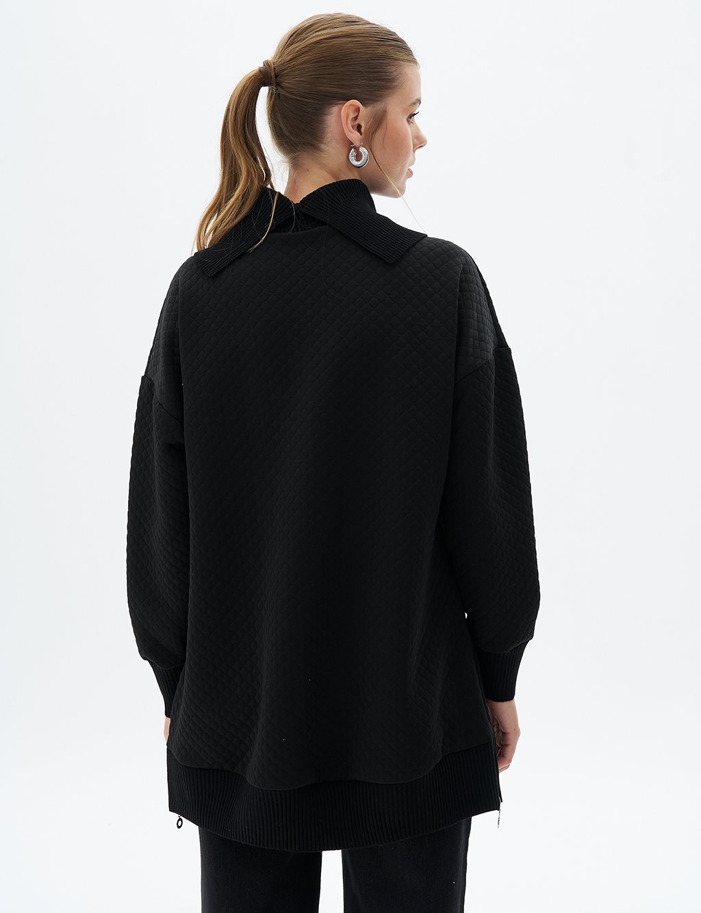 Triko Garnili Kapitoneli Sweatshirt Siyah