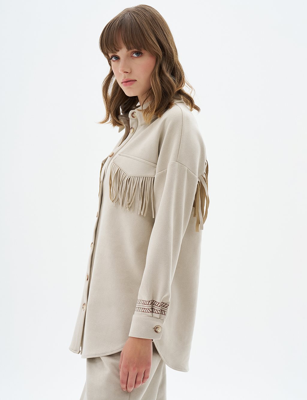 Suede Tunic with Flap Pockets Stone