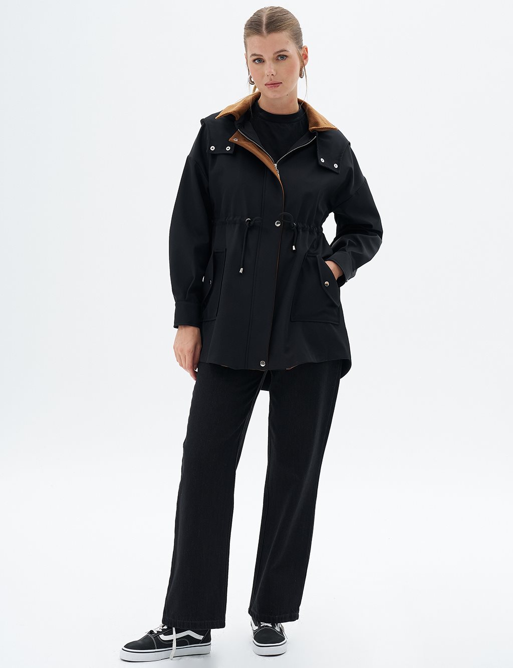Velvet Garnished Waist Drawstring Cape Black