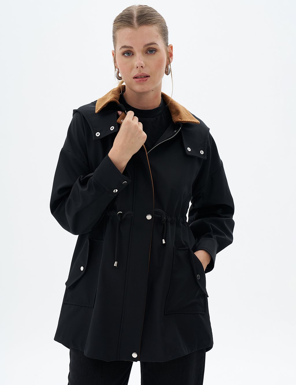 Velvet Garnished Waist Drawstring Cape Black
