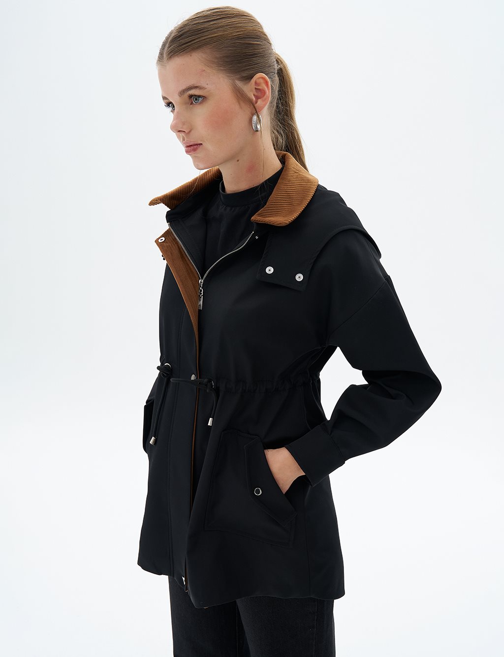 Velvet Garnished Waist Drawstring Cape Black