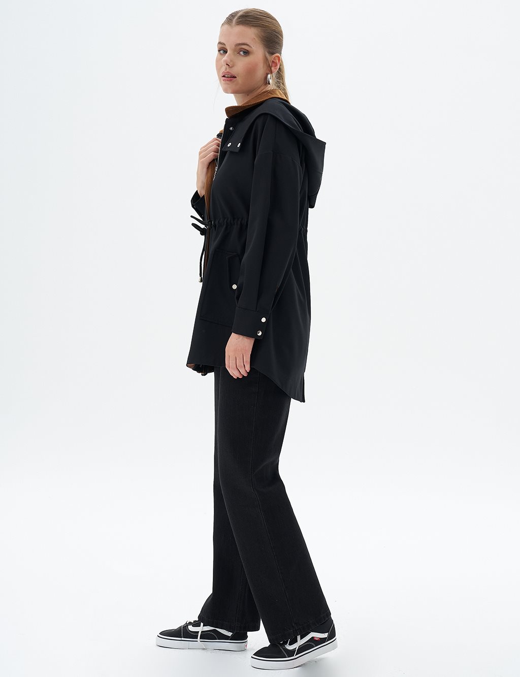 Velvet Garnished Waist Drawstring Cape Black