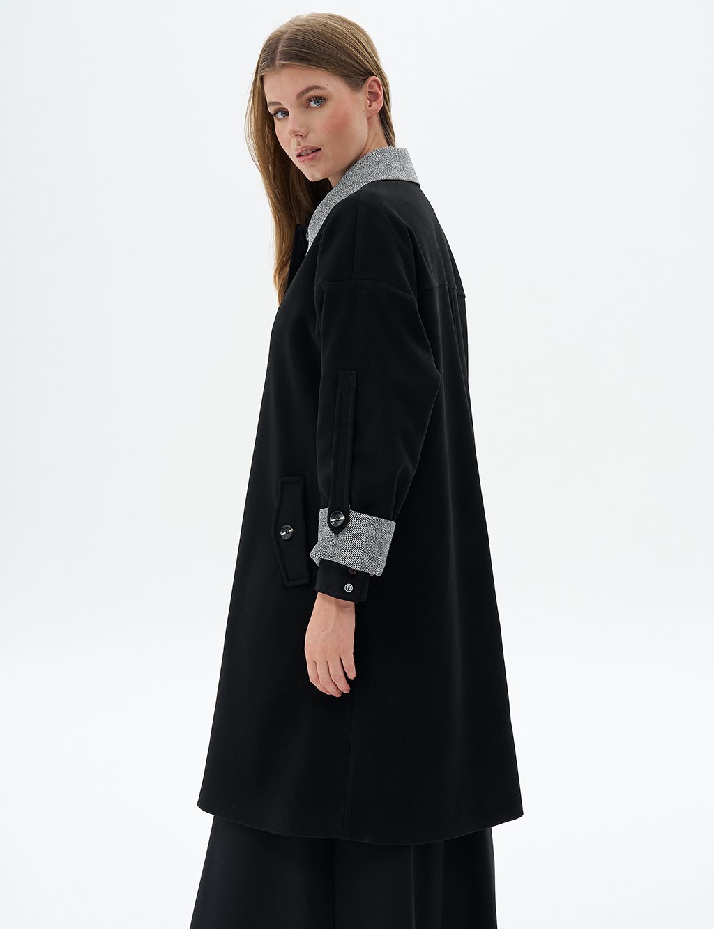 Fabric Garnished Cashmere Coat Black