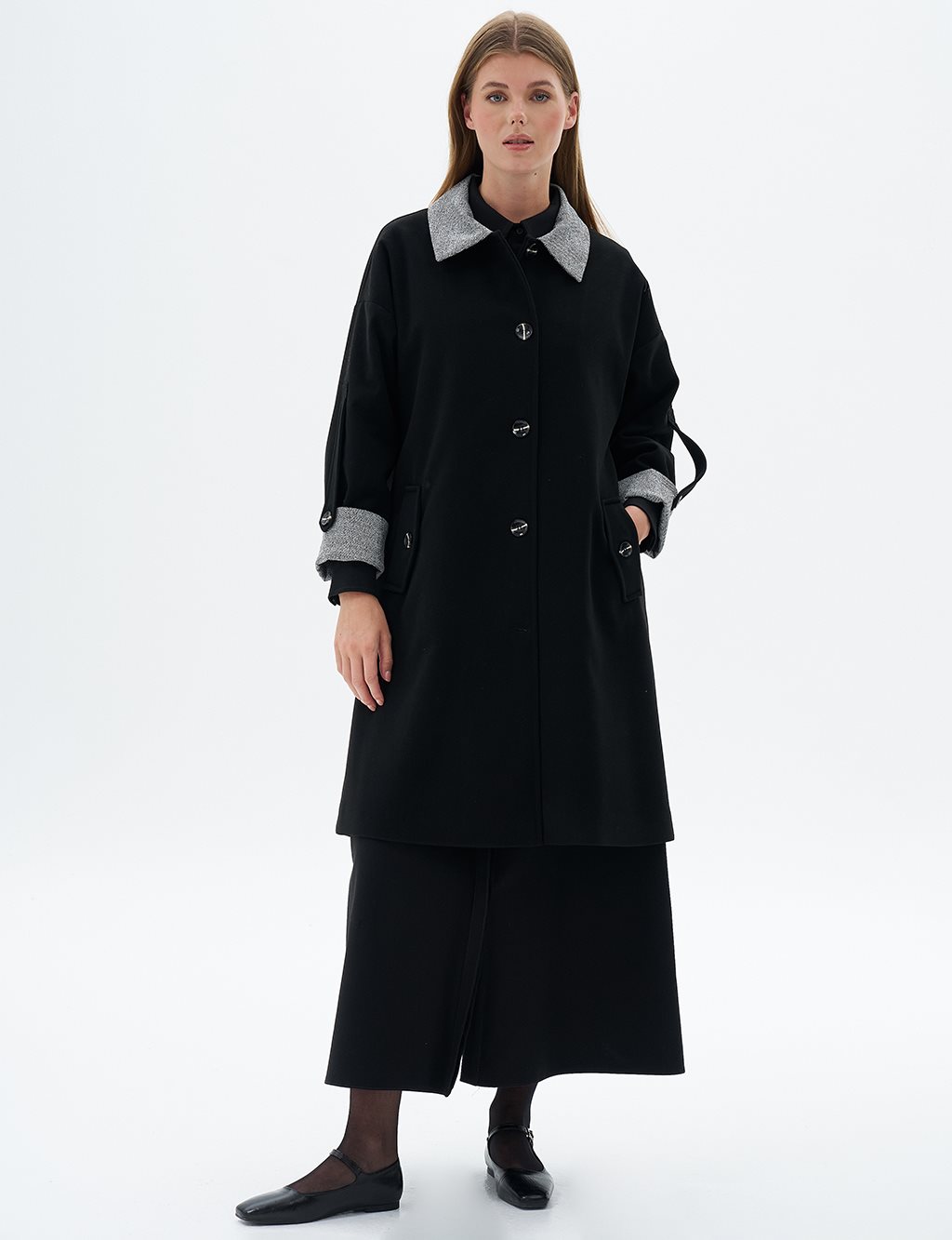 Fabric Garnished Cashmere Coat Black