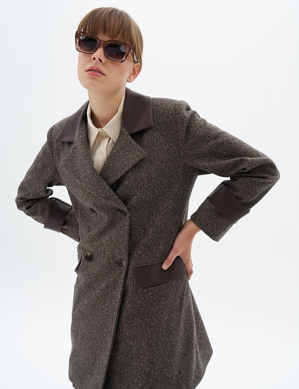 Faux Leather Garnished Cashmere Coat Beige