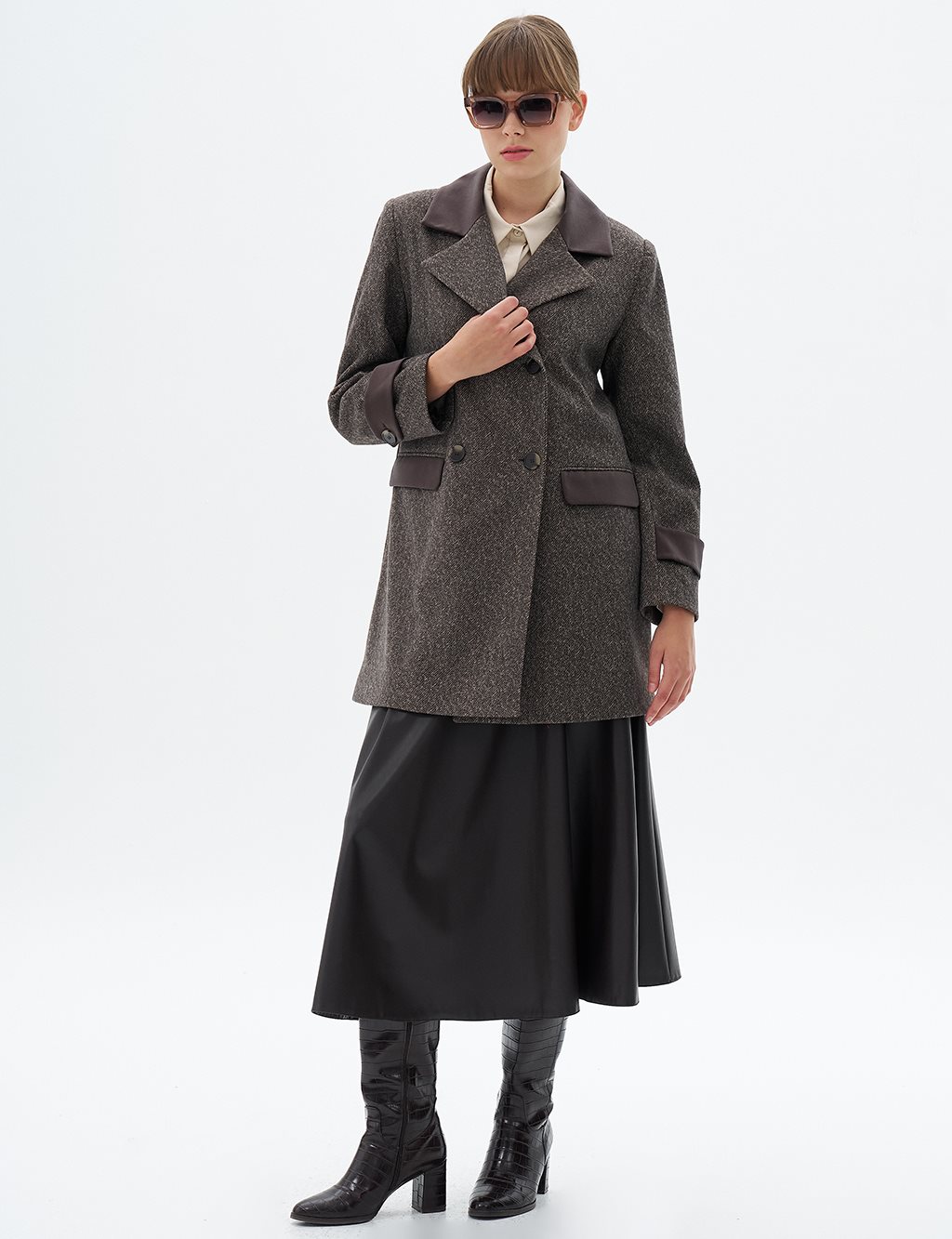 Faux Leather Garnished Cashmere Coat Beige