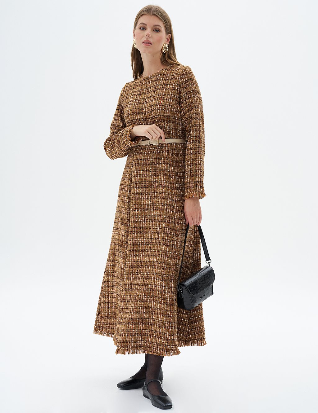 Tweed Dress with Tasseled Hem Beige