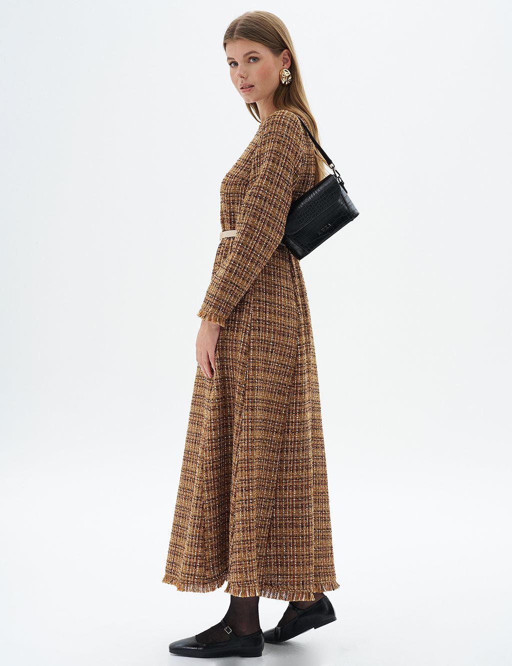 Tweed Dress with Tasseled Hem Beige