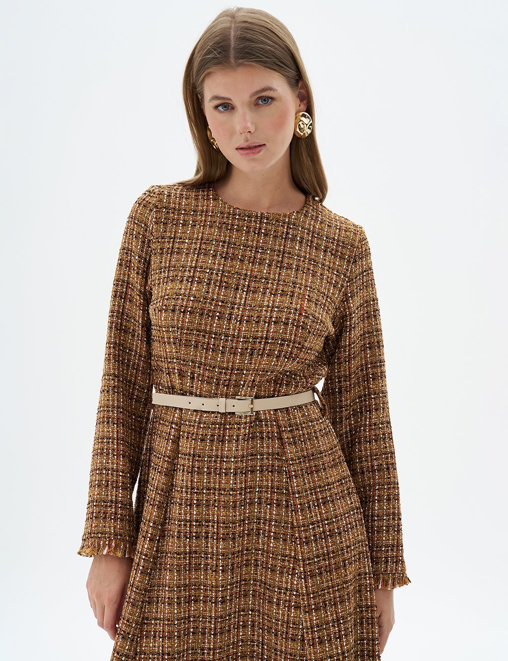 Tweed Dress with Tasseled Hem Beige