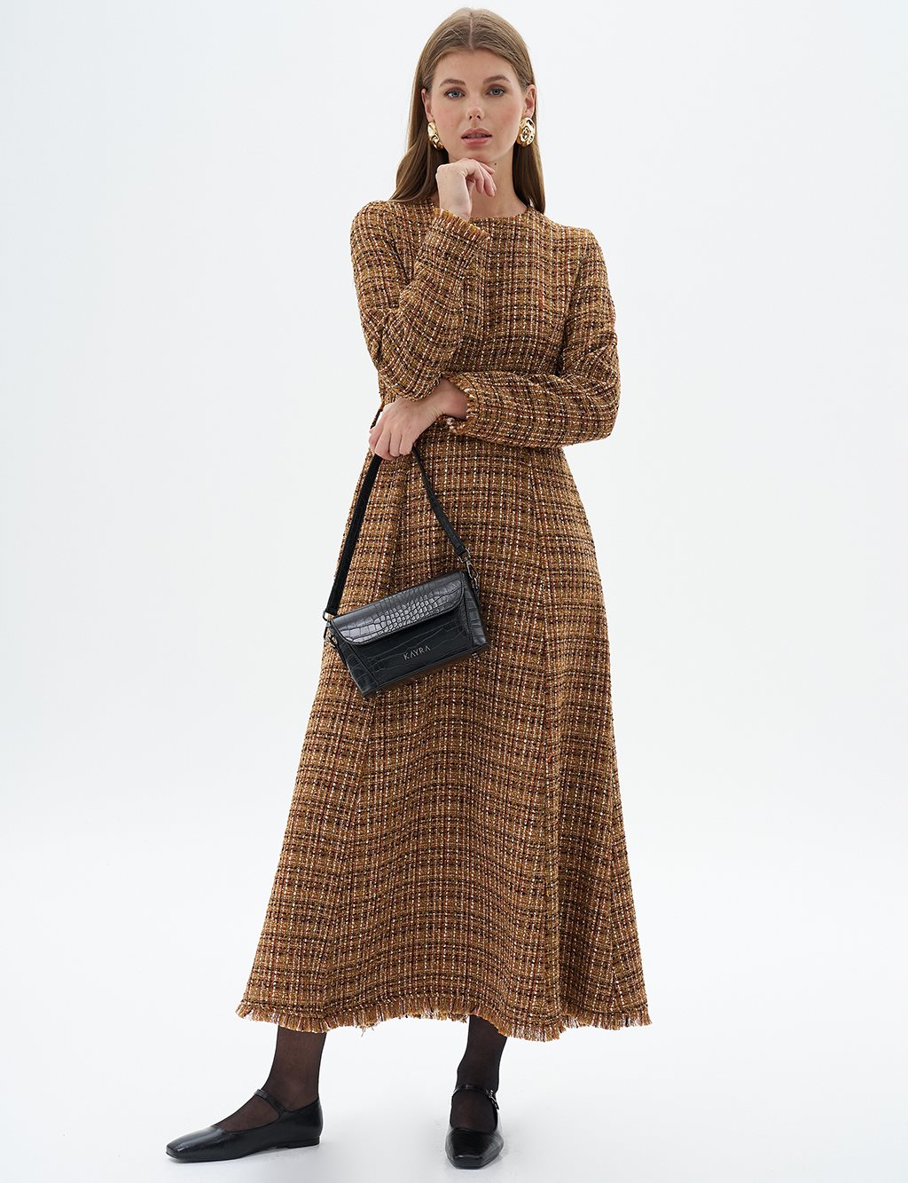 Tweed Dress with Tasseled Hem Beige