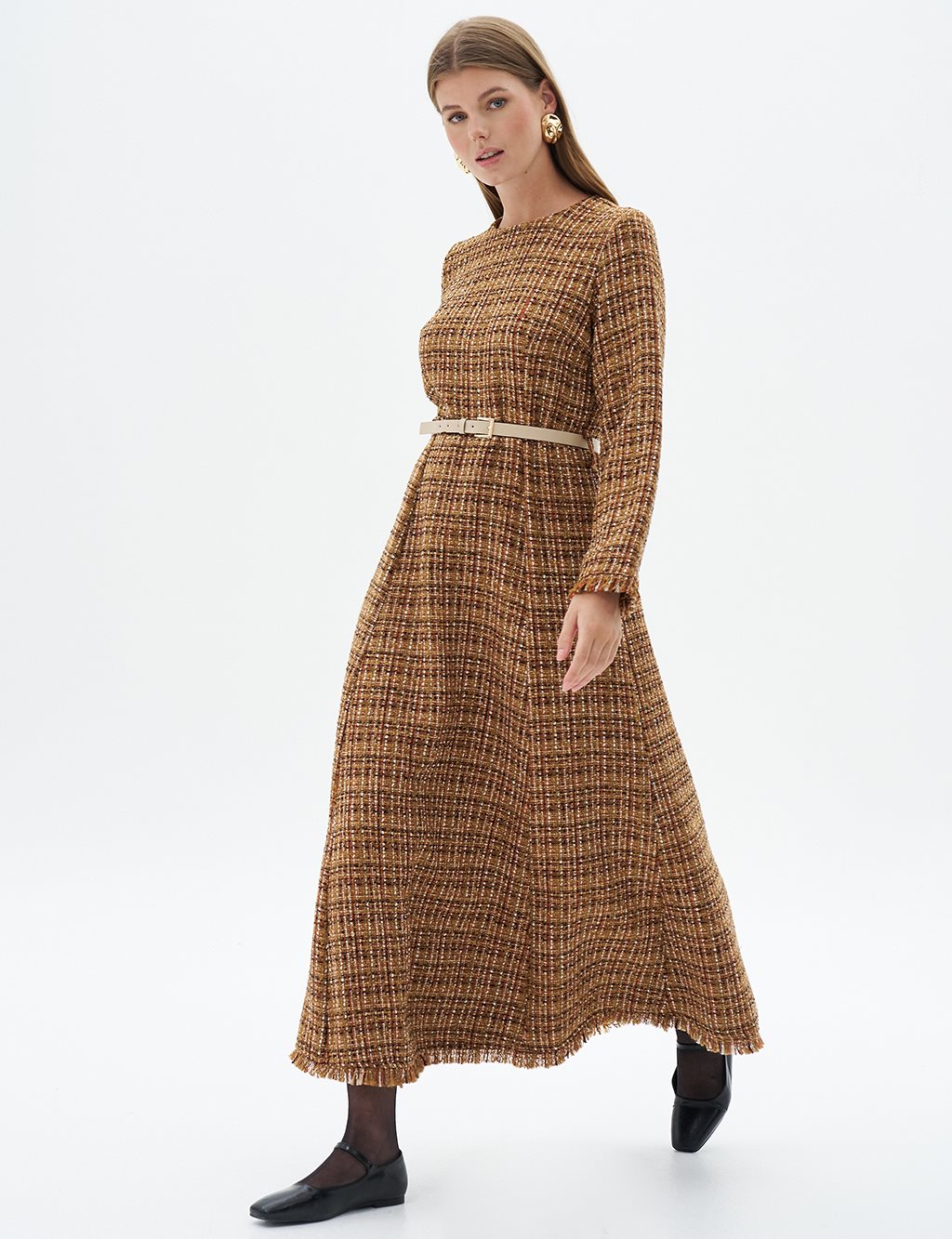 Tweed Dress with Tasseled Hem Beige